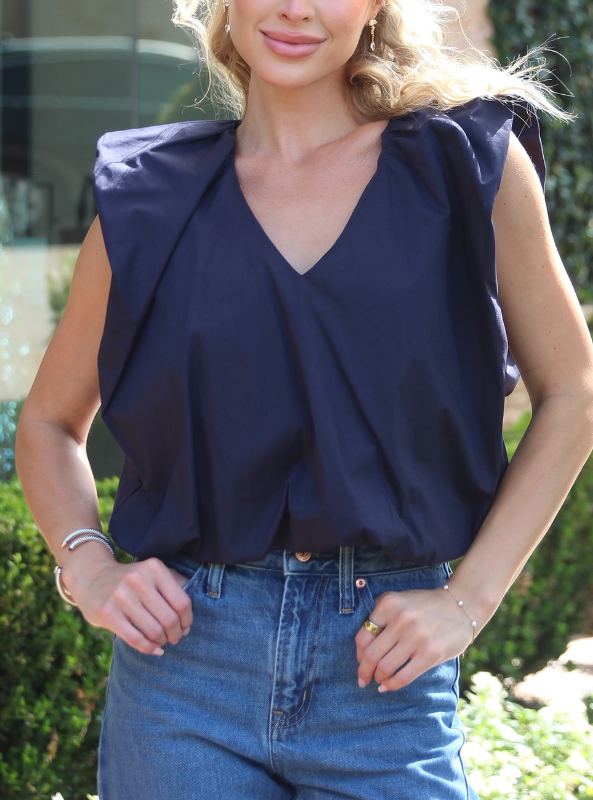 Karlie- Solid Poplin Bubble Top-Navy