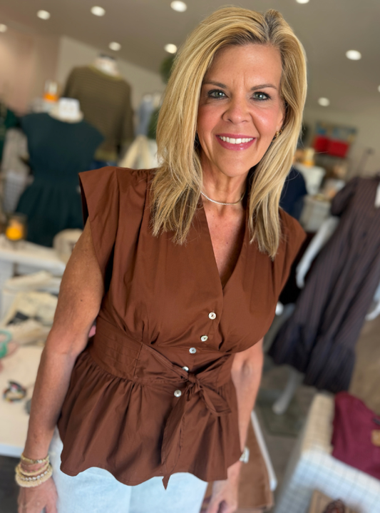 V-Neck Button Up Top- Brown