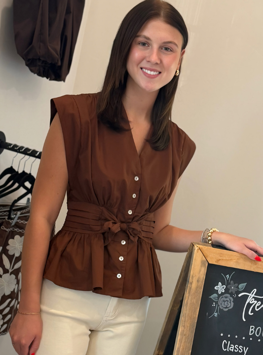 V-Neck Button Up Top- Brown