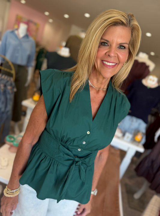V-Neck Button Up Top-Hunter Green