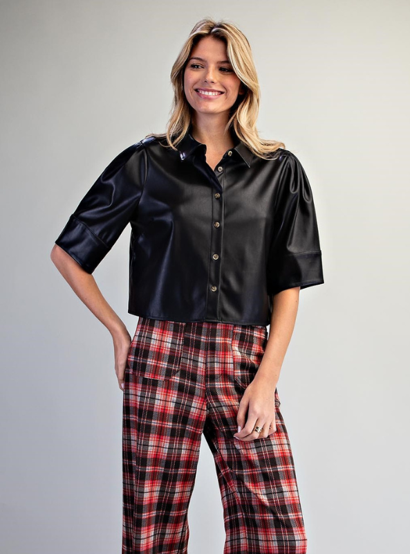 Pleather Button Down Shirt - Black