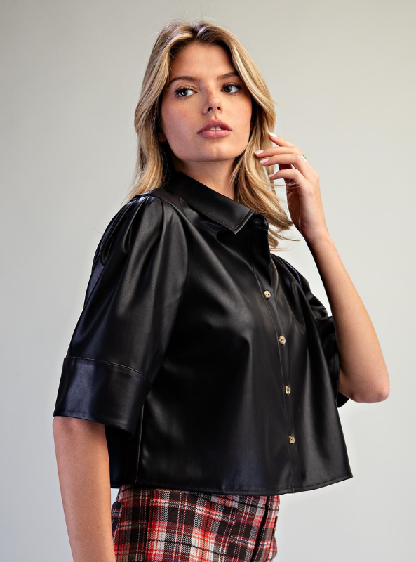 Pleather Button Down Shirt - Black