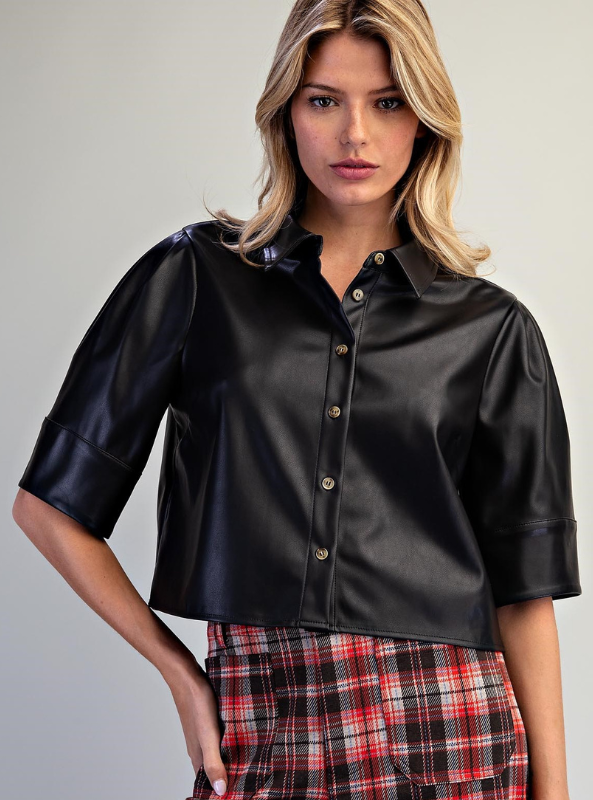 Pleather Button Down Shirt - Black