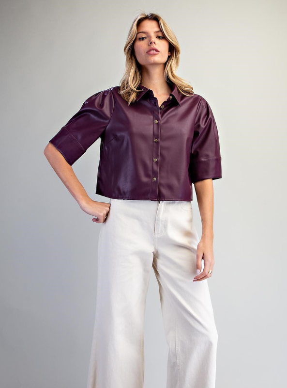 Pleather Button Down Shirt - Plum Caspia