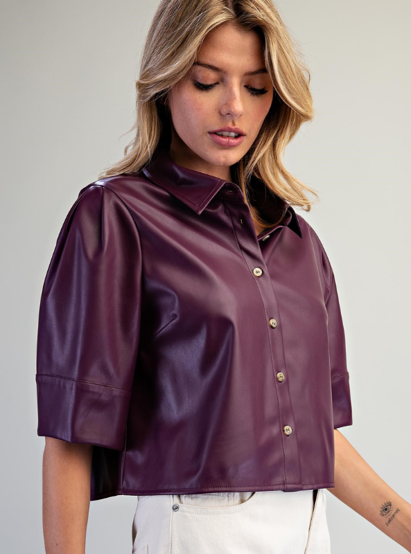 Pleather Button Down Shirt - Plum Caspia