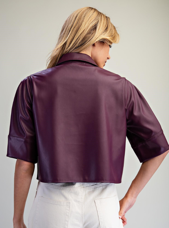 Pleather Button Down Shirt - Plum Caspia