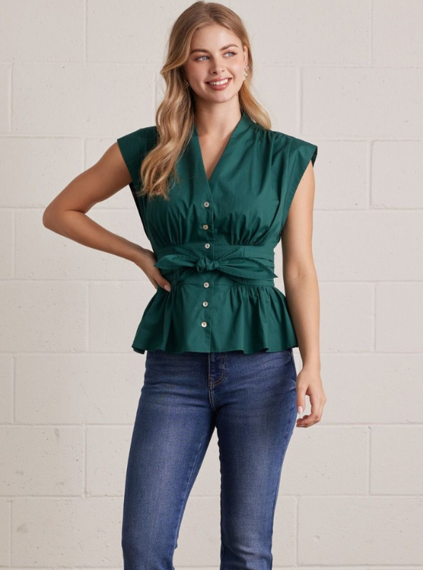 V-Neck Button Up Top-Hunter Green