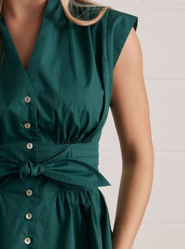 V-Neck Button Up Top-Hunter Green
