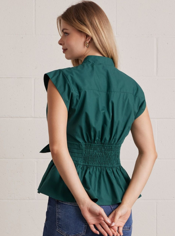 V-Neck Button Up Top-Hunter Green