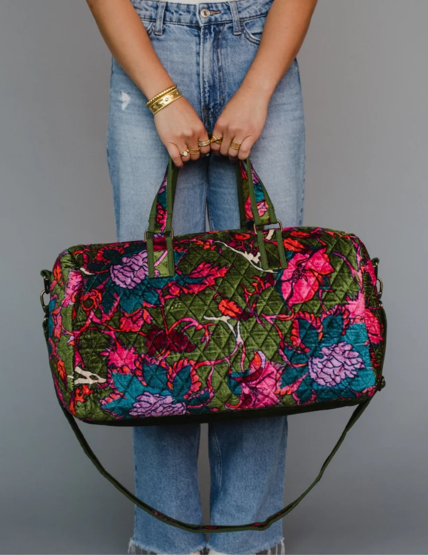 Olive & Multicolored Floral Duffle