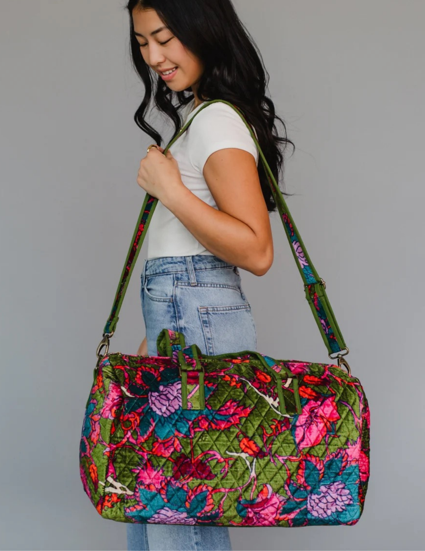 Olive & Multicolored Floral Duffle