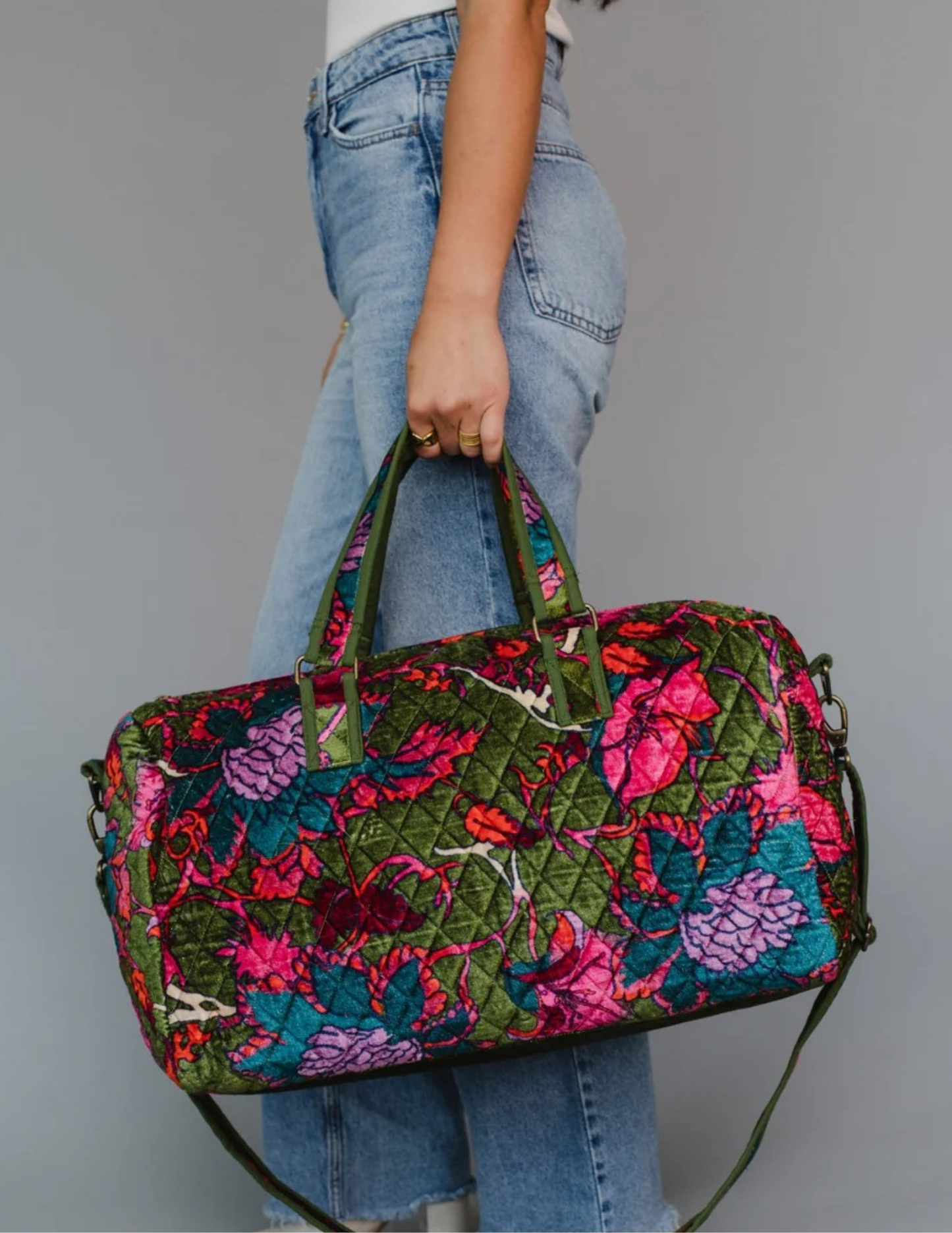 Olive & Multicolored Floral Duffle