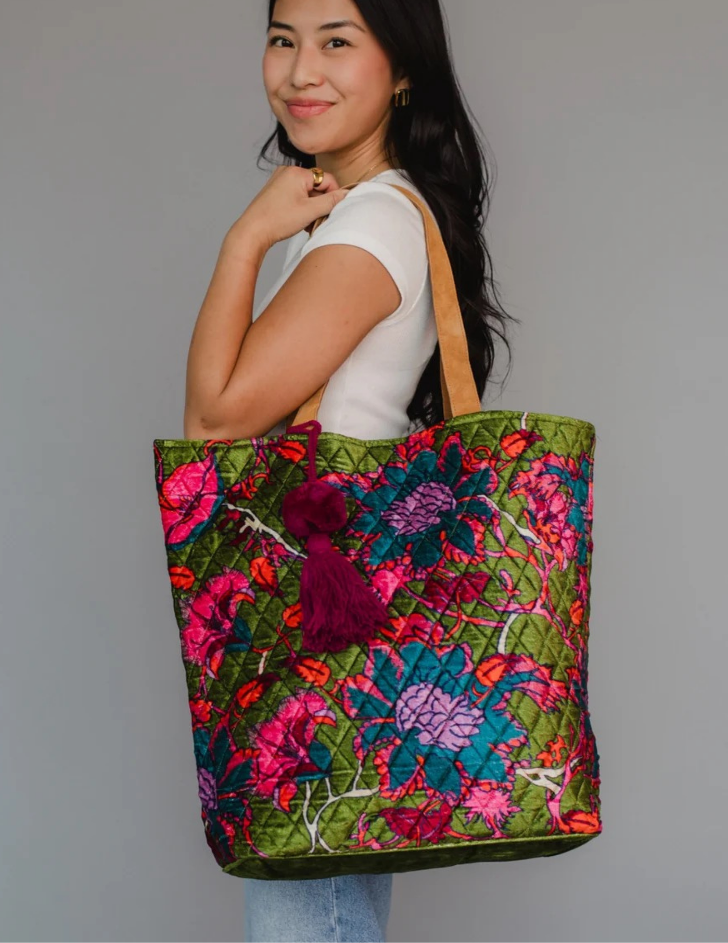 Olive & Multicolored Floral Tote