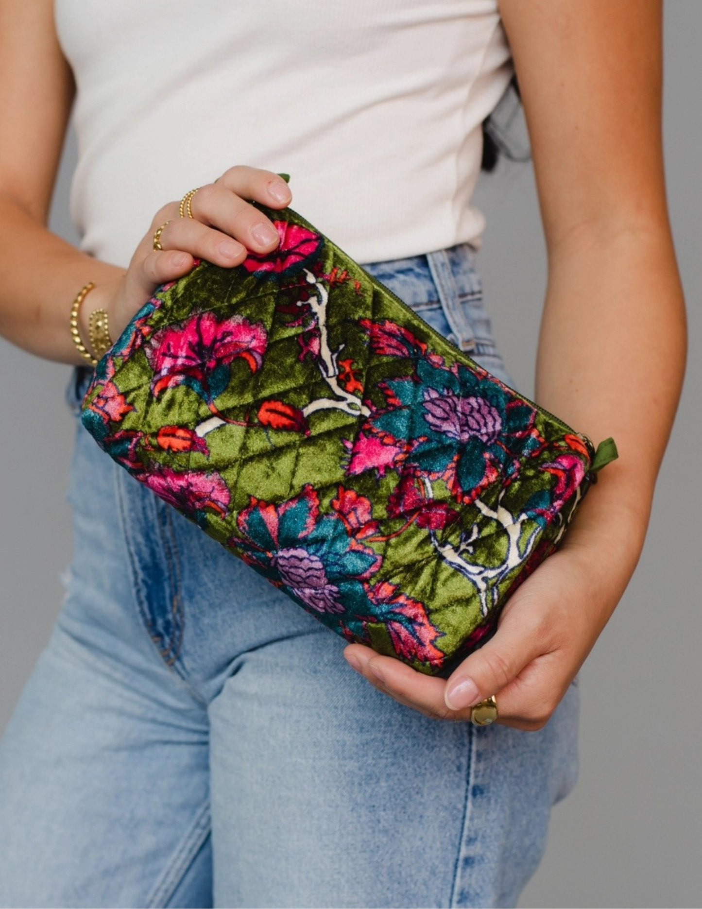 Olive & Multicolored Floral Travel Pouch