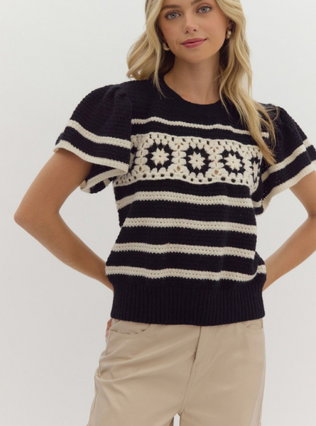 Black Stripe Crochet Sweater