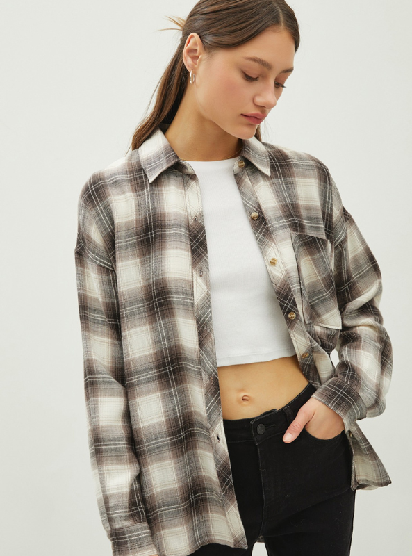 Charcoal Oversized Flannel Top - Tres Chic Boutique