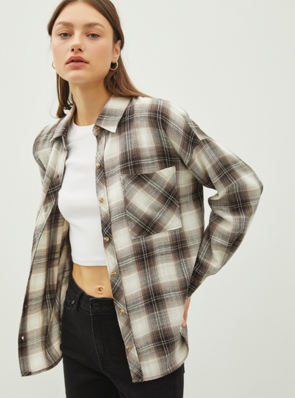 Charcoal Oversized Flannel Top - Tres Chic Boutique