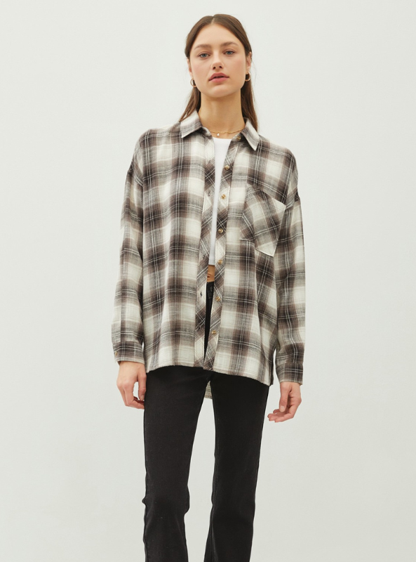 Charcoal Oversized Flannel Top - Tres Chic Boutique