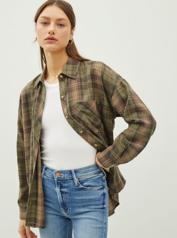 Khaki Flannel Top - Tres Chic Boutique