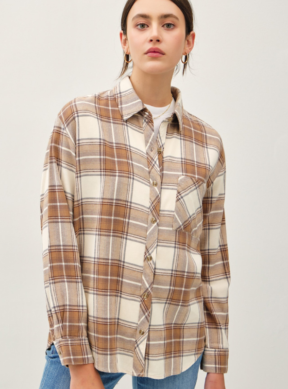 Taupe Oversized Flannel Top - Tres Chic Boutique