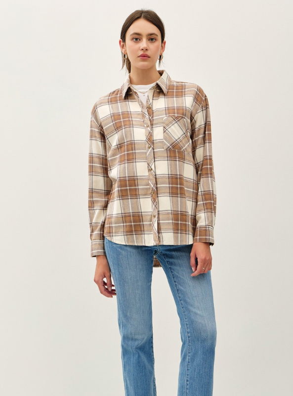 Taupe Oversized Flannel Top - Tres Chic Boutique