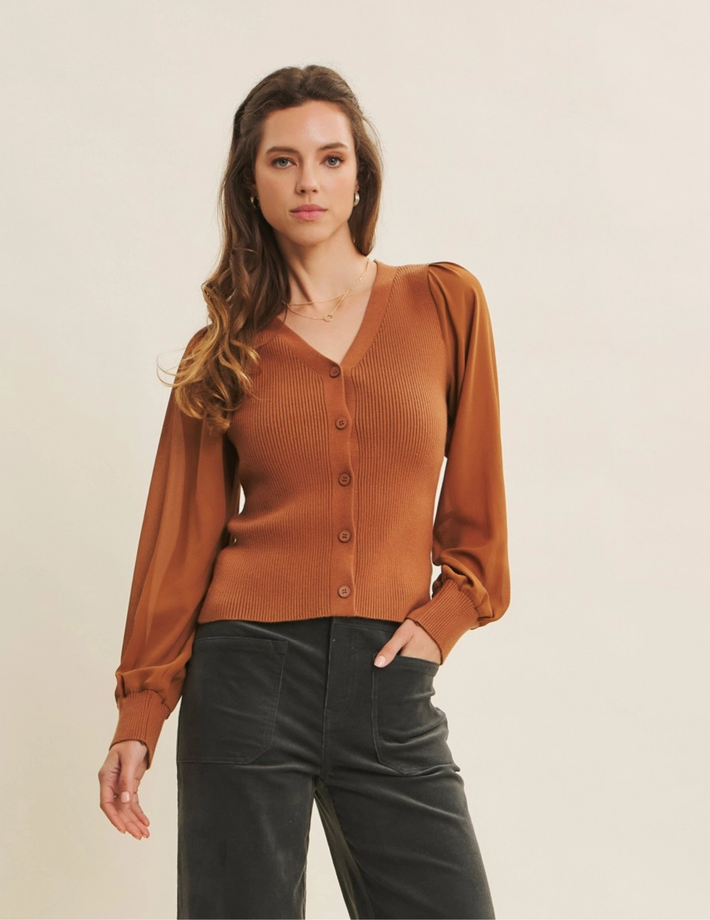 Cardigan with Chiffon Sleeve- Toffee