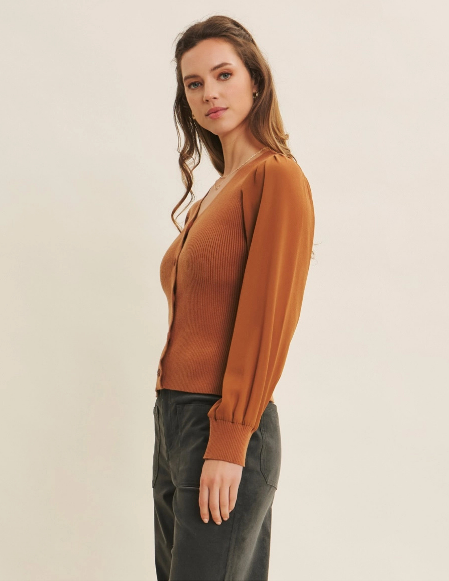 Cardigan with Chiffon Sleeve- Toffee