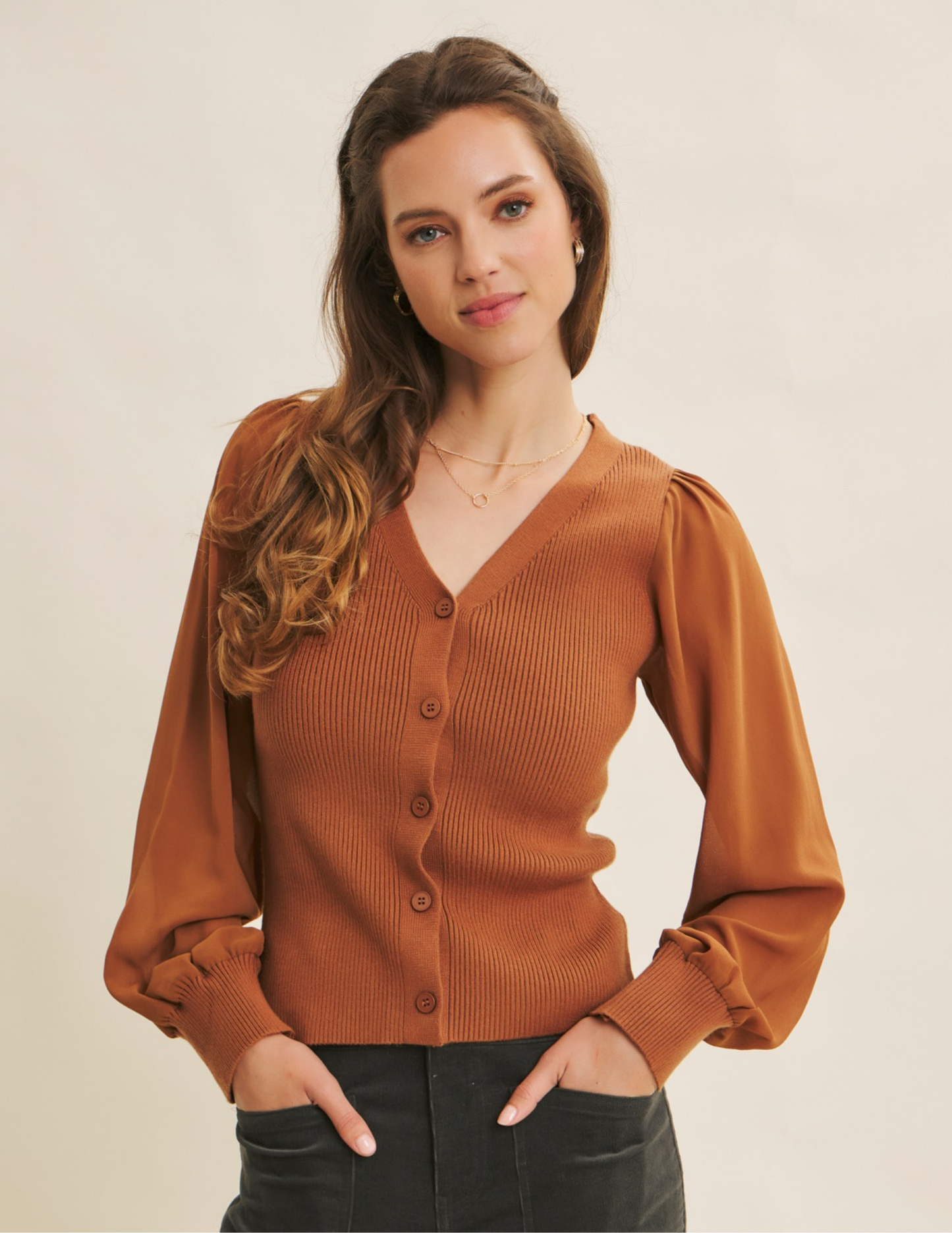 Cardigan with Chiffon Sleeve- Toffee