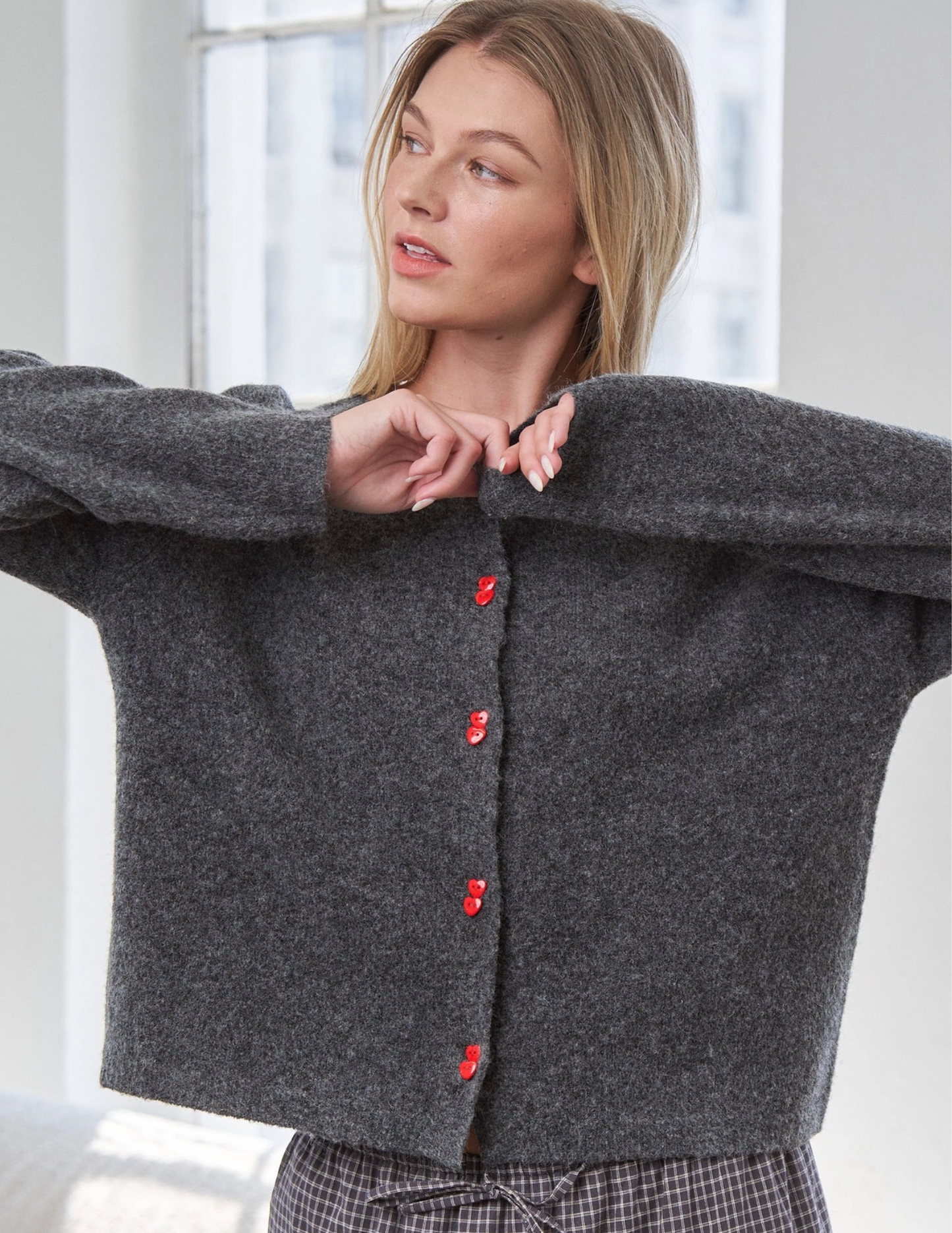 Love Heart-Shaped Button Cardigan- Charcoal