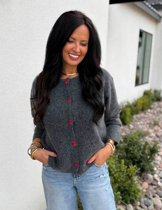 Love Heart-Shaped Button Cardigan- Charcoal