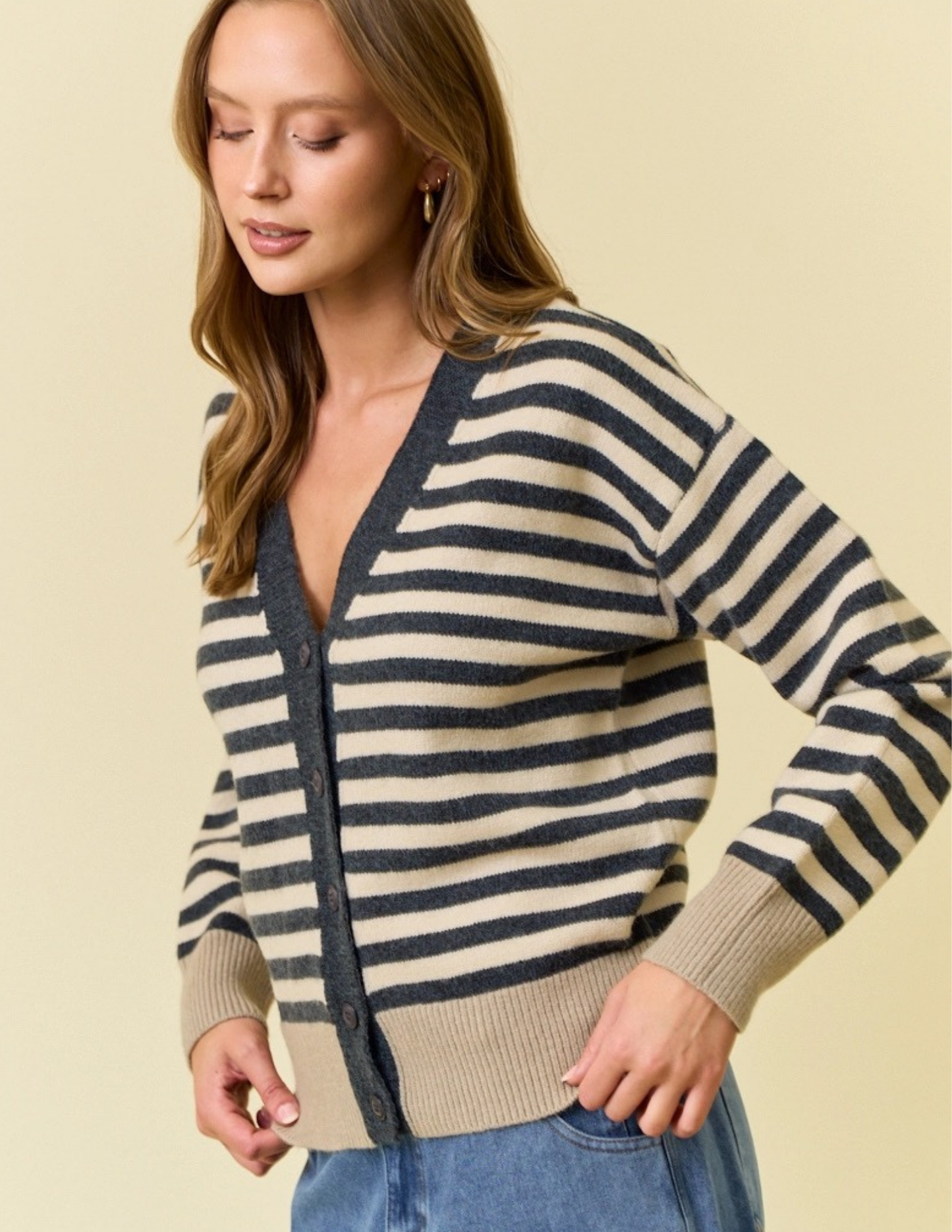 Stripe Colorblock Cardigan Sweater- Charcoal Mix