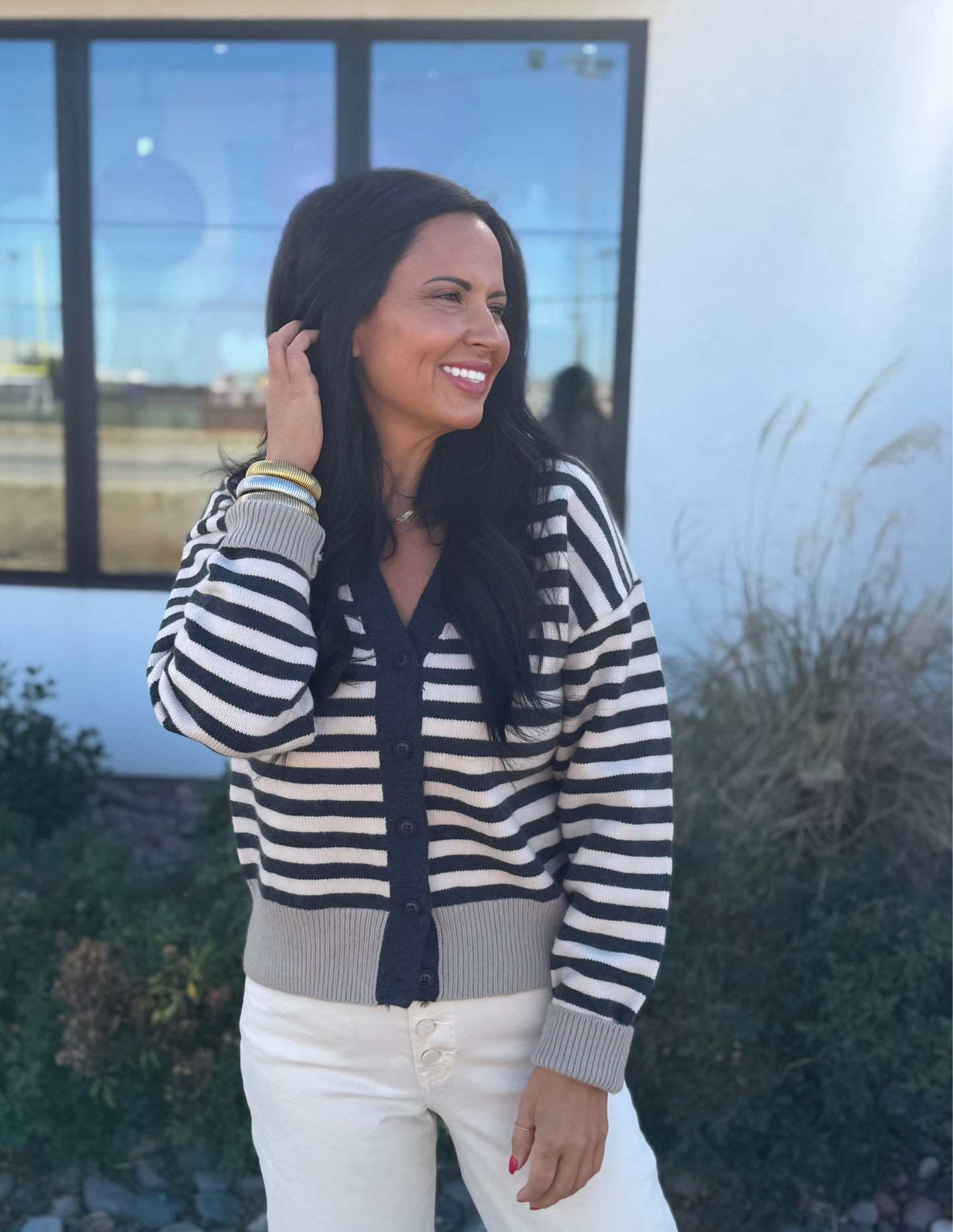 Stripe Colorblock Cardigan Sweater- Charcoal Mix