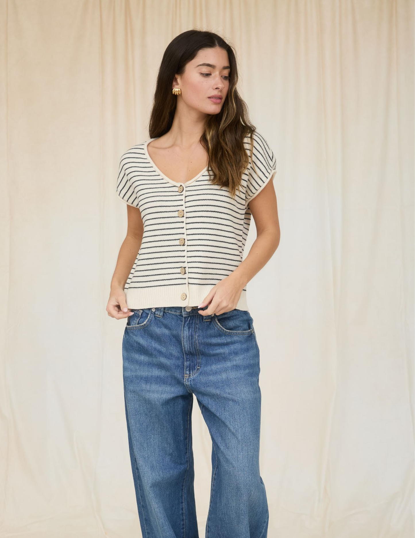 Stripe SS Cardigan- Cream