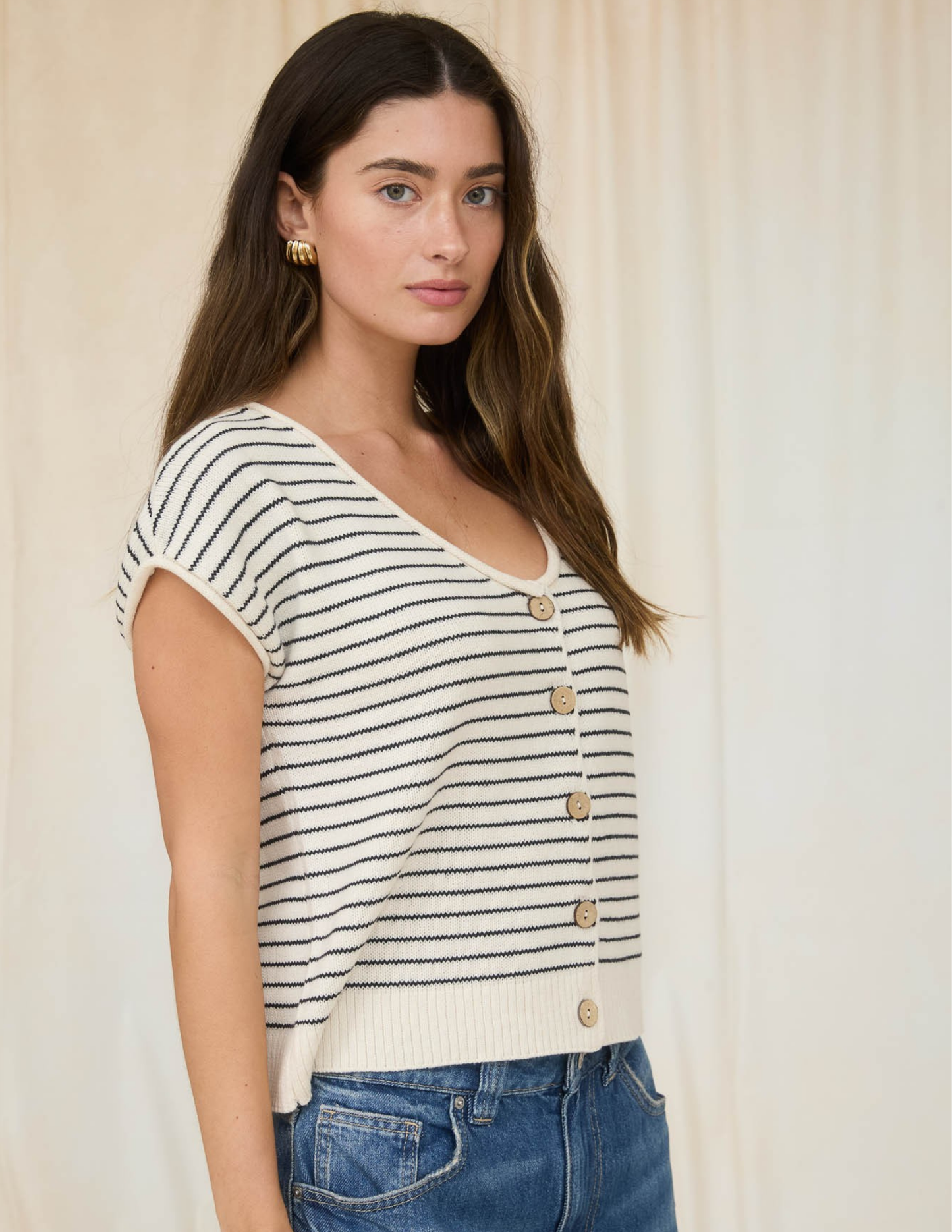 Stripe SS Cardigan- Cream