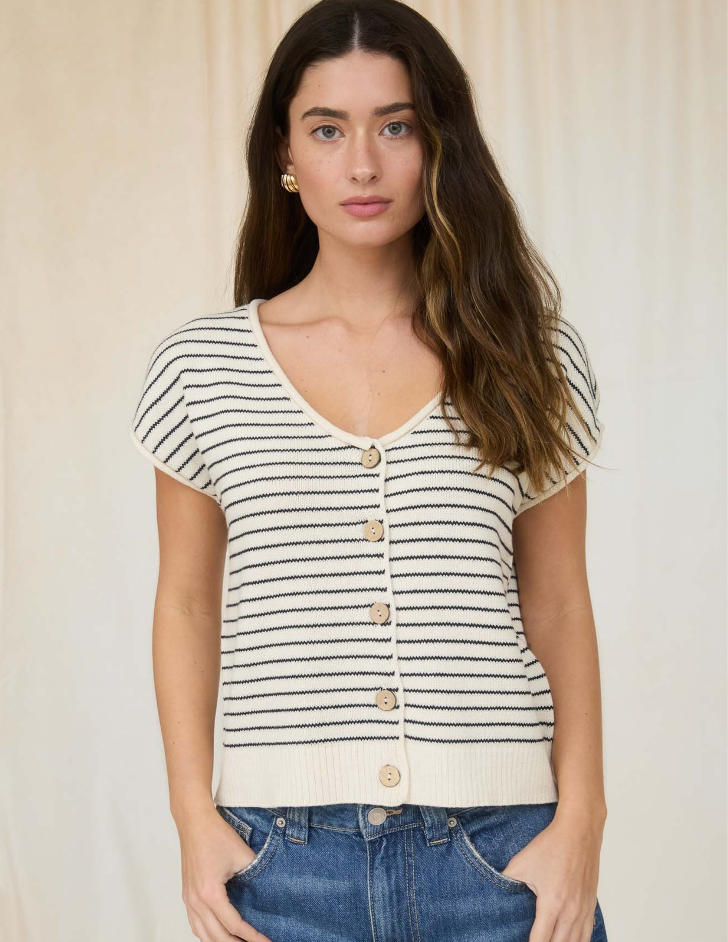 Stripe SS Cardigan- Cream