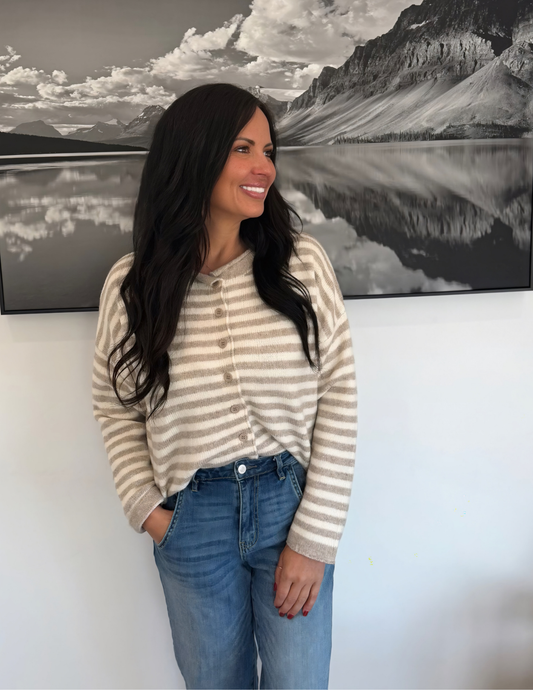 Striped Buttondown Cardigan Top- Taupe