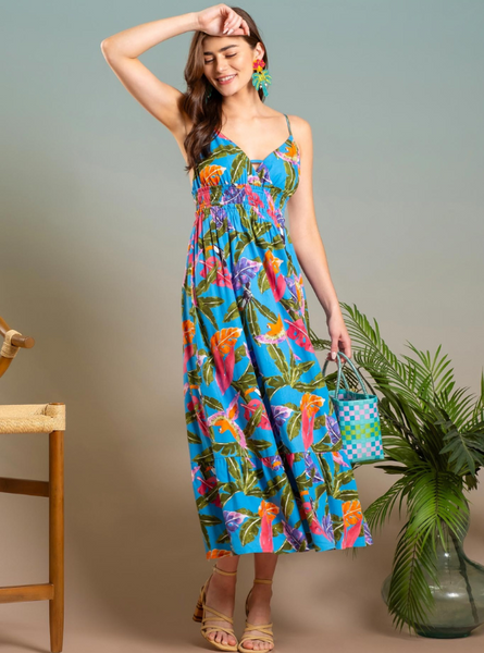 Tropical Print V-Neck Midi Dress