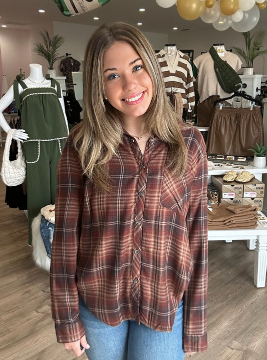 Classic Burgundy Flannel Top - Tres Chic Boutique