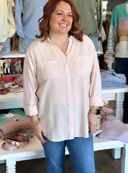 Ginger Button Up Top- Crystal Pink