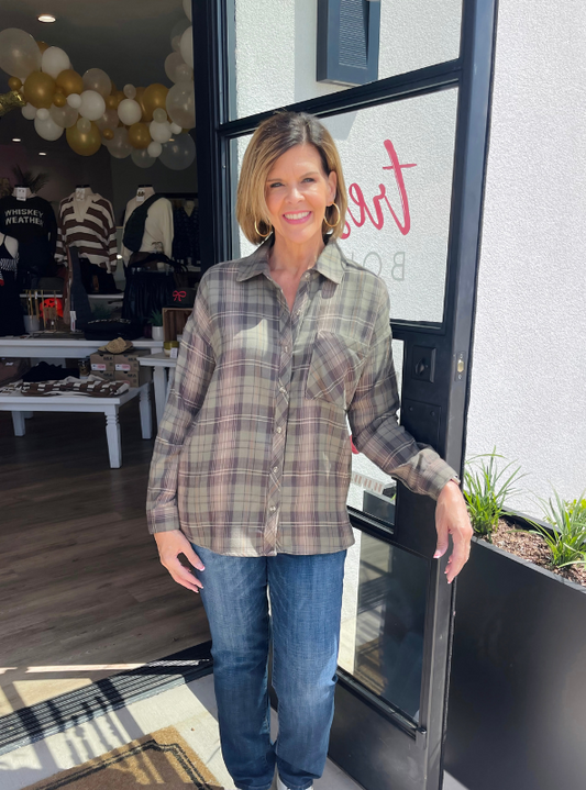 Khaki Flannel Top - Tres Chic Boutique