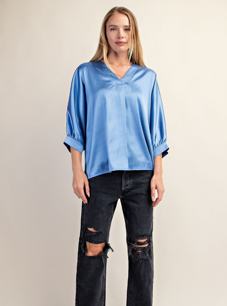 Sky Blue Satin Top - Tres Chic Boutique