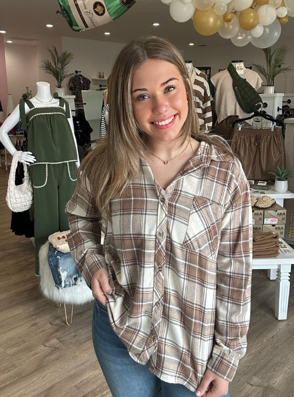 Taupe Oversized Flannel Top - Tres Chic Boutique