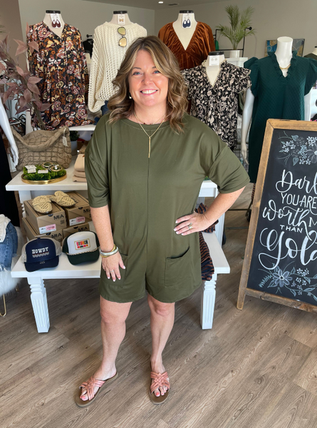 Army Green Crew Neck Romper - Tres Chic Boutique