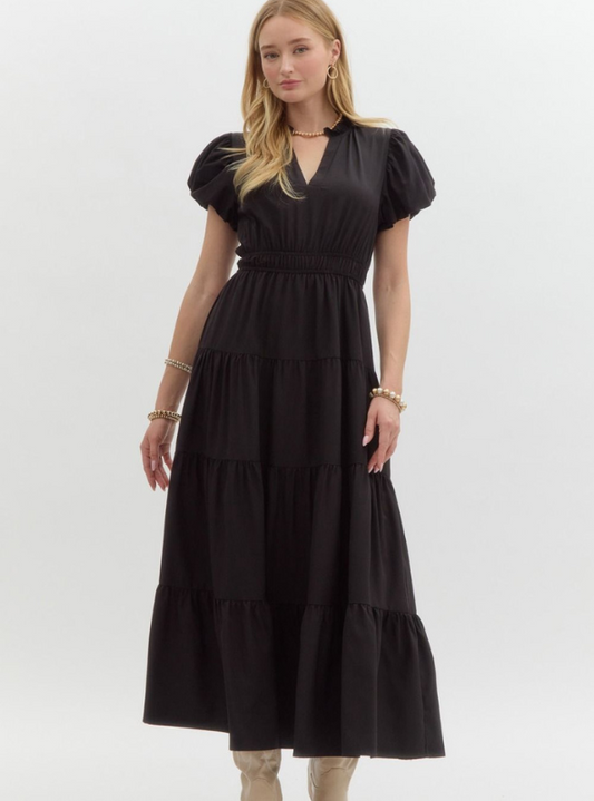Black Bubble Sleeve Tiered Midi Dress