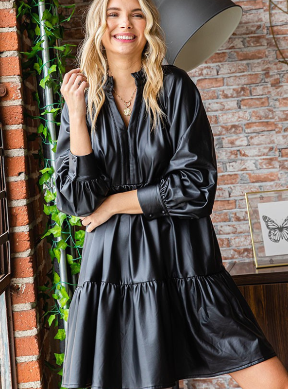 Black Faux Leather Babydoll Dress - Tres Chic Boutique