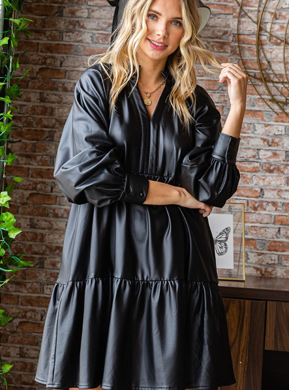 Black Faux Leather Babydoll Dress - Tres Chic Boutique