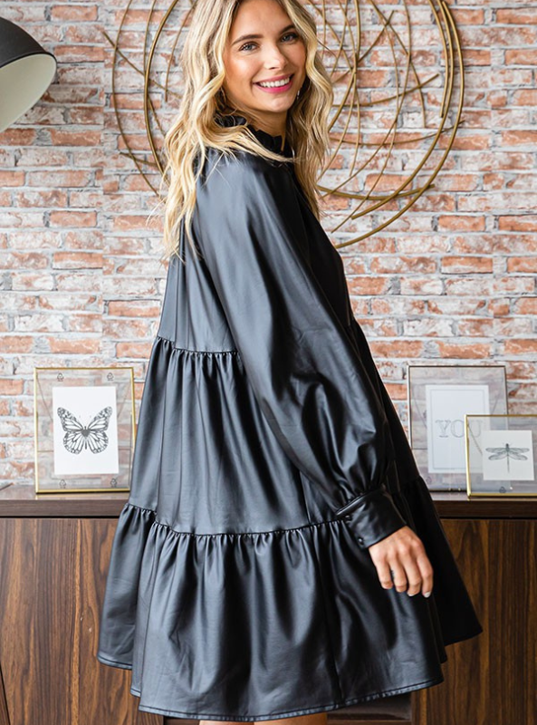 Black Faux Leather Babydoll Dress - Tres Chic Boutique