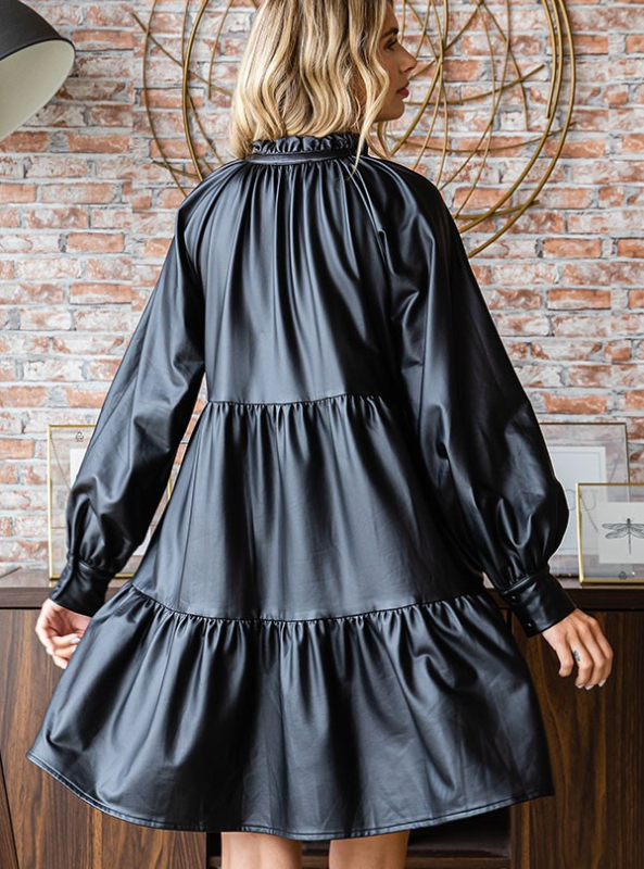 Black Faux Leather Babydoll Dress - Tres Chic Boutique