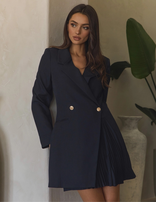 Blazer Pleated Mini Dress- Dark Navy