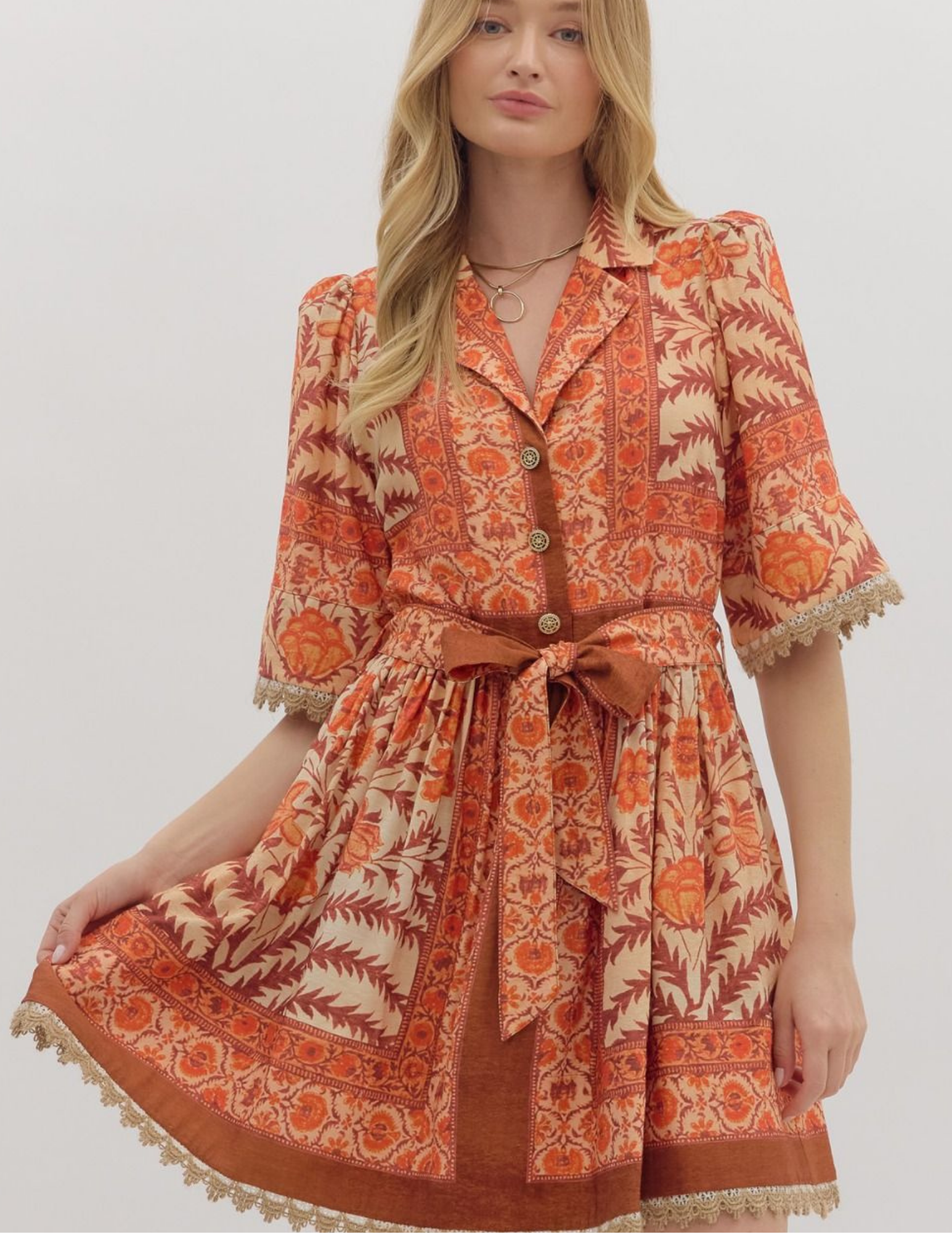 Botanical Belted Dress- Rust - Tres Chic Boutique
